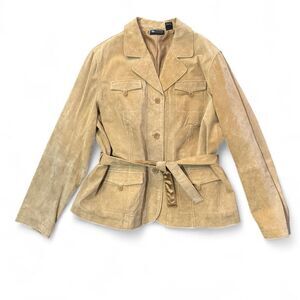 Relativity Women’s 2X Genuine Suede Leather Cropped Trench Coat Belted Tan